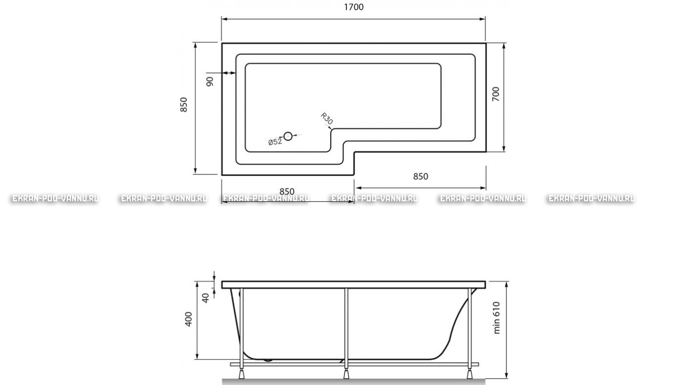 Акриловая ванна Vayer Options 170х70/85 – купить по цене 24110 руб. в интернет-магазине в городе Самара картинка 13
